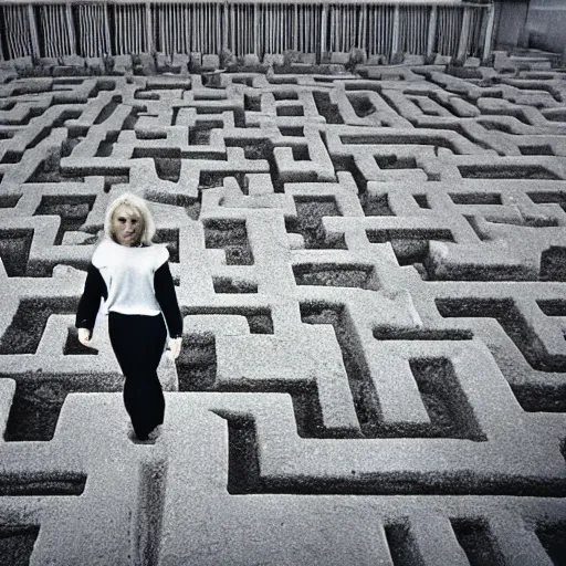 Prompt: thin, blonde women, lost on a labyrinth of concret building, photograph, HD, Minsk, 1995