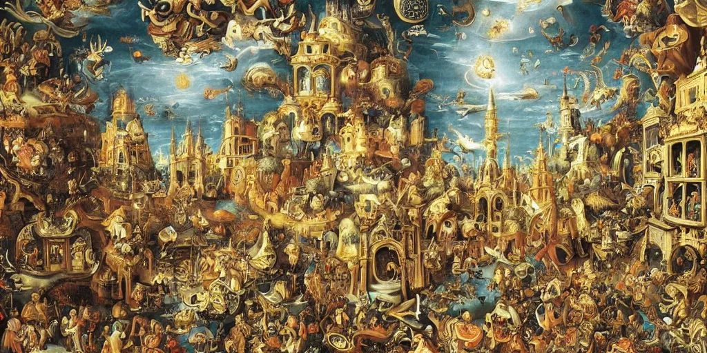 Prompt: beautiful!!! ornate heavenly!!! black!! rococo megastructure in the style of heironymus bosch, colorful intricate masterpiece, hyper detailed, hd