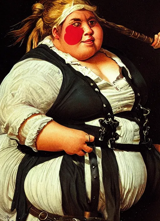 Image similar to close - up portrait of a morbidly obese female pirate with two peglegs and two hook hands, detailed dynamic light painting by albrecht anker