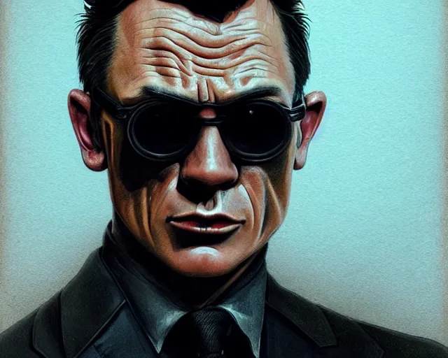 Prompt: a horror movie creature as james bond wearing sunglasses and a leather jacket, photography of kurzgesagt, deep focus, d & d, fantasy, intricate, elegant, highly detailed, digital painting, artstation, concept art, matte, sharp focus, illustration, hearthstone, art by artgerm and greg rutkowski and alphonse mucha