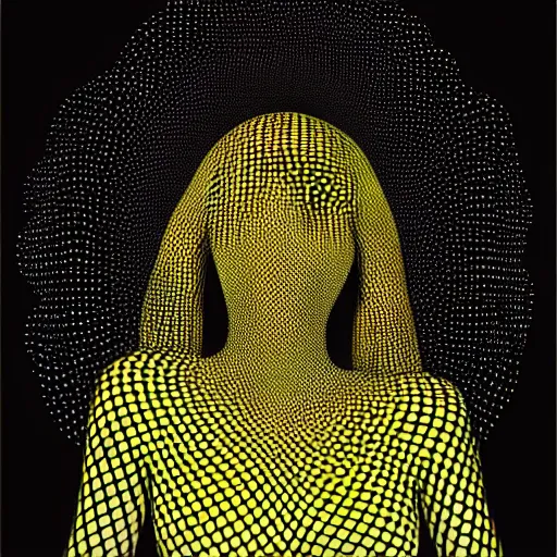 Prompt: a woman in a fishnet top poses for a picture, a poster by Kusama, tumblr contest winner, optical illusion, hypnotic, black background, white background n -4