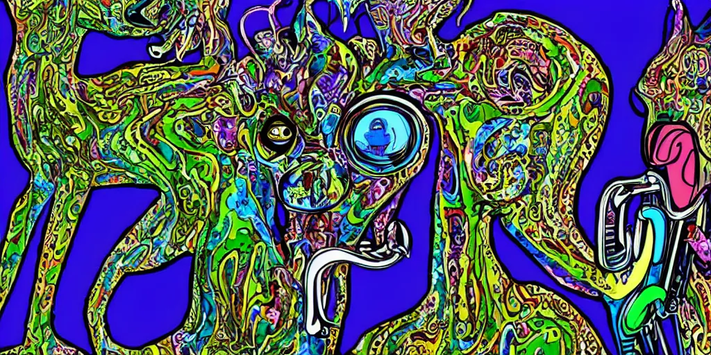 Prompt: highly detailed digital artwork of a psychedelic dingo - man with a salvador dali mustache. he wears a blue paisley jacket. he has a short green fade hairstyle. he is playing the trumpet.