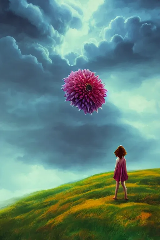 Prompt: closeup perspective, giant dahlia flower over the head, girl standing on mountain, surreal photography, blue storm clouds, dramatic light, impressionist painting, digital painting, artstation, simon stalenhag