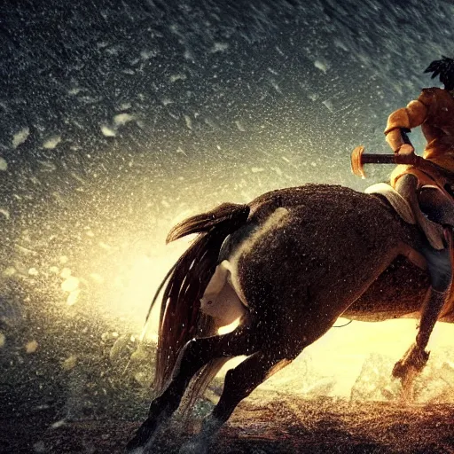 Image similar to eren yeager riding minecraft horse, beautiful face, stunning, octane render 8 k hdr, redshift render, rule of thirds, cinematic lighting, rainy weather, melancholy atmosphere, sharp focus, backlit, smooth, hard focus, full body shot, instagram photo, shot on sony a 7 iii, hyper realistic, cinematic