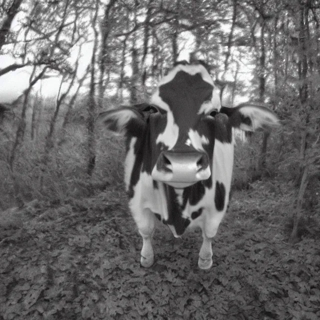 Image similar to trail cam infrared footage grainy VHS of smiling grinning wide-eyed cow-man