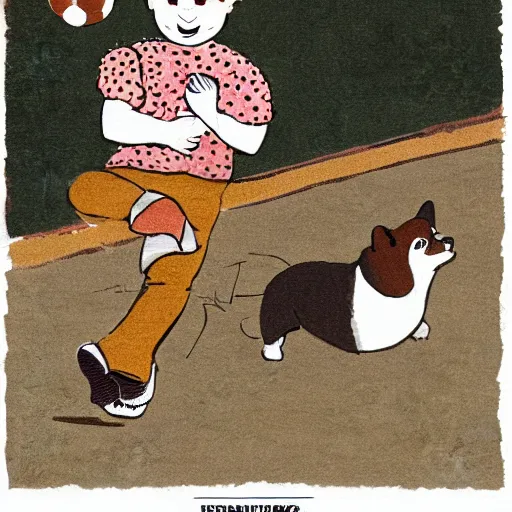 Image similar to illustration of french boy in paris playing football against a corgi, the corgi is wearing a polka dot scarf