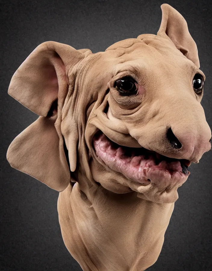 Image similar to high resolution photo portrait of muscular animal human merged head skin ears, background removed, scales skin dog, cat merged elephant head cow, chicken face morphed fish head, gills, horse head animal merge, morphing dog head, animal eyes, merging crocodile head, anthropomorphic creature
