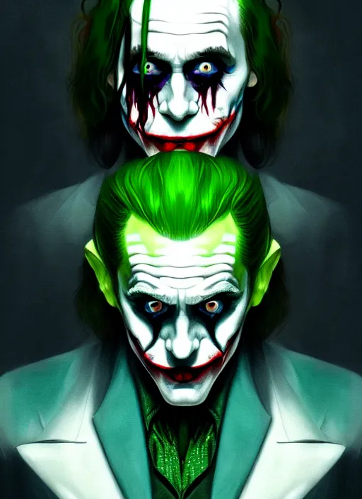 Image similar to portrait of jared leto as the joker, green hair, intricate, elegant, glowing lights, highly detailed, digital painting, artstation, concept art, sharp focus, illustration, art by wlop, mars ravelo and greg rutkowski