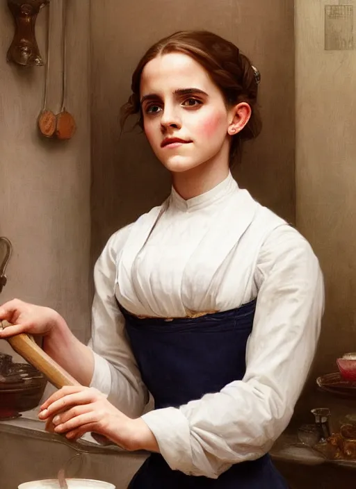 Image similar to portrait emma watson as maid in the kitchen, full length shot, shining, 8k highly detailed, sharp focus, illustration, art by artgerm, mucha, bouguereau