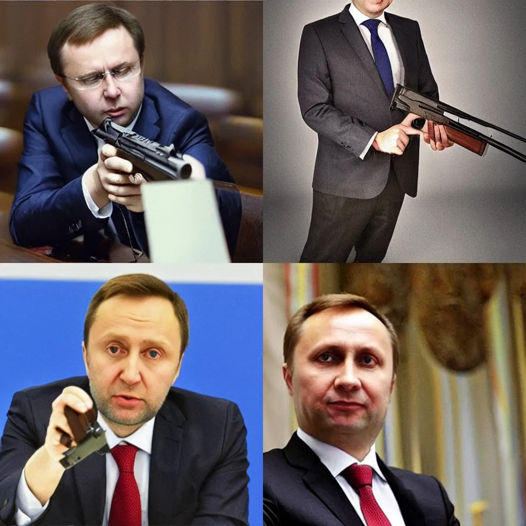 Prompt: “ highly detailed photo of dmitry livanov, russian minister of education, holding a gun ”