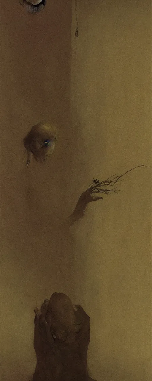 Prompt: dark figure tending to a dried flower in a dark room, zdzislaw beksinski, stephen gamell, 8 k, artstation, interior