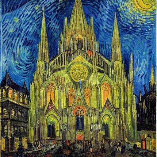 Prompt: a drawing off the aachener cathedral, painted by van gogh.