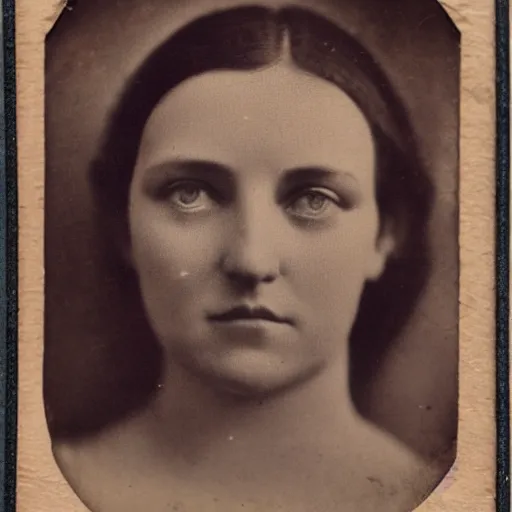 Image similar to antique photograph of a beautiful woman, sad eyes, sad smile, facial symmetry, frontal view, cracked and faded photo paper, staring at the camera, headshot, dark background, 1 8 5 0, low light, dark, 4 k