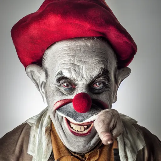 Image similar to an very old clown with a big nose of an alcoholic, happy look, studio photograph, soft lighting