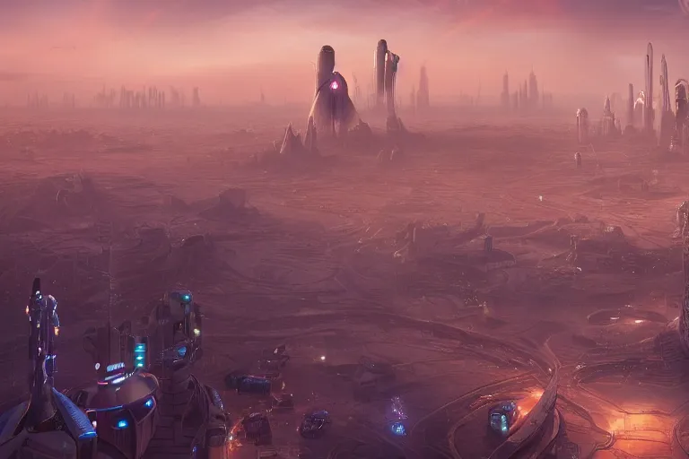 Prompt: a futuristic image of an alien desert with a gigantic complex shaped tower with tubes intersecting, fine detail, by James clyne and Andrée Wallin, foggy, cyberpunk city in the distance, iridescent, artstation, CG society, Ariel view, extra wide angle, morning light