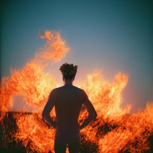 Image similar to kodak portra 4 0 0 photograph of a skinny blonde guy standing in field on fire, back view, flower crown, moody lighting, telephoto, 9 0 s vibe, blurry background, vaporwave colors, faded!,