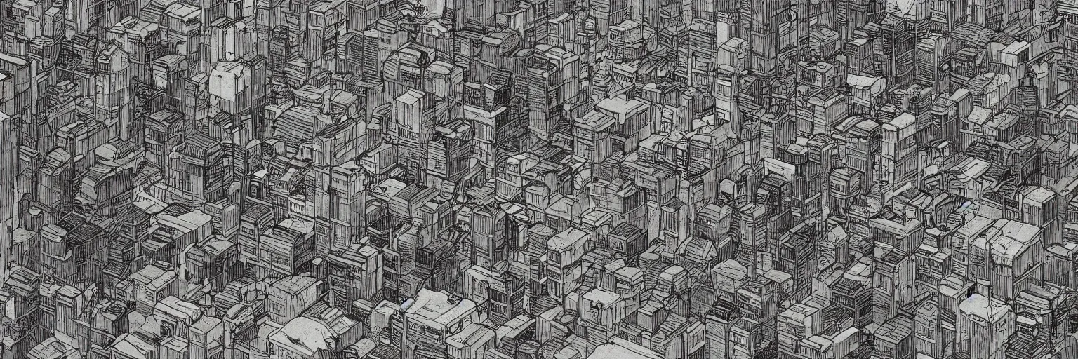 Prompt: dystopian city neighborhood slums by Katsuhiro Otomo