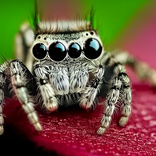 Prompt: a cute jumping spider, by natgeo, iridescent