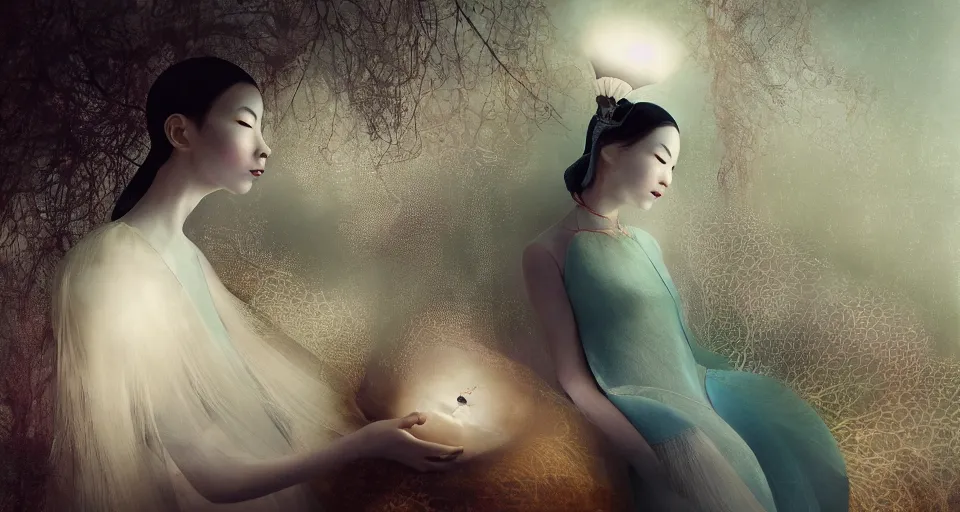 Prompt: closeup shot of asian female wearing a luminous soft fragile jelly fish dress, by ray caesar, by louise dahl wolfe, by andrea kowch, by anna claren, surreal photography