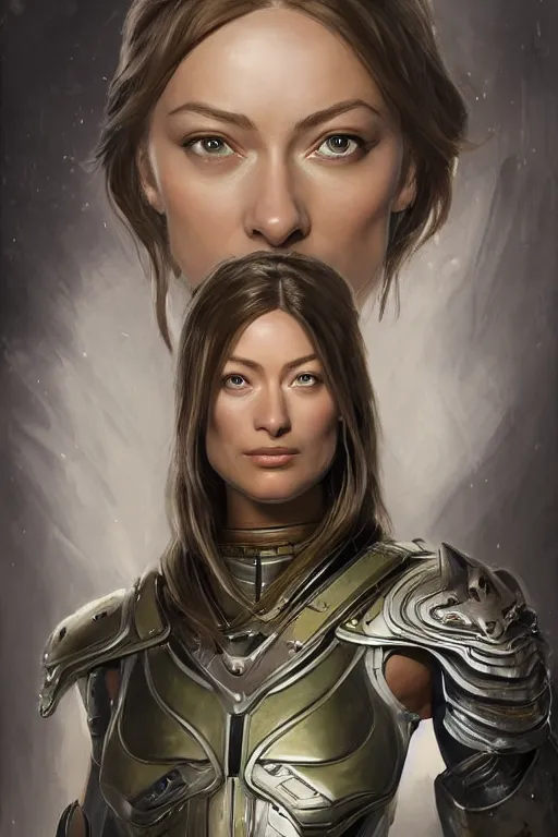 Image similar to a professional painting of a young Olivia Wilde, clothes in military armor, olive skin, long dark hair, beautiful bone structure, symmetrical facial features, intricate, elegant, digital painting, concept art, smooth, sharp focus, illustration, from StarCraft by Ruan Jia and Mandy Jurgens and Artgerm and William-Adolphe Bouguerea