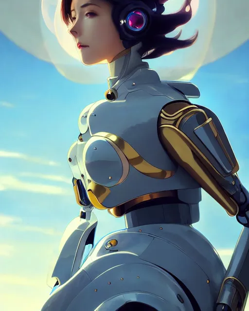 Image similar to beautiful delicate imaginative streamlined mecha anime elegant futuristic close up portrait of a pilot female sitting with magnificent piercing deadly looks, armor with gold linings by ruan jia, tom bagshaw, alphonse mucha, futuristic buildings in the background, epic sky, vray render, hyper realistic, artstation, deviantart, pinterest, 5 0 0 px models