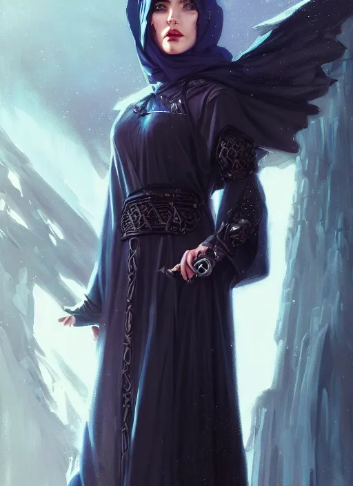 Prompt: a portrait of a sorceress in an abaya. cyberpunk, in a scenic environment by artgerm, tom bagshaw and hildebrandt, trending on artstation, concept art, sharp focus, illustration