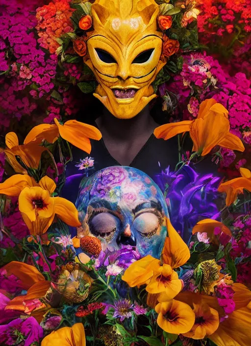 Image similar to An epic fantastic realism comic book style painting of the most beautiful flowers launched into space, bouquets, Shamanic Mask, fisheye lens, unreal 5, DAZ, hyperrealistic, octane render, dynamic lighting