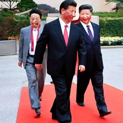 Prompt: sylvester stallone walking around laughing with xi jinping on his back