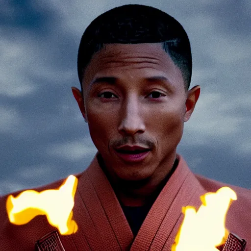 Image similar to cinematic film still Pharrell Williams starring as a Samurai holding fire, Japanese CGI, VFX, 2003, 40mm lens, shallow depth of field,film photography