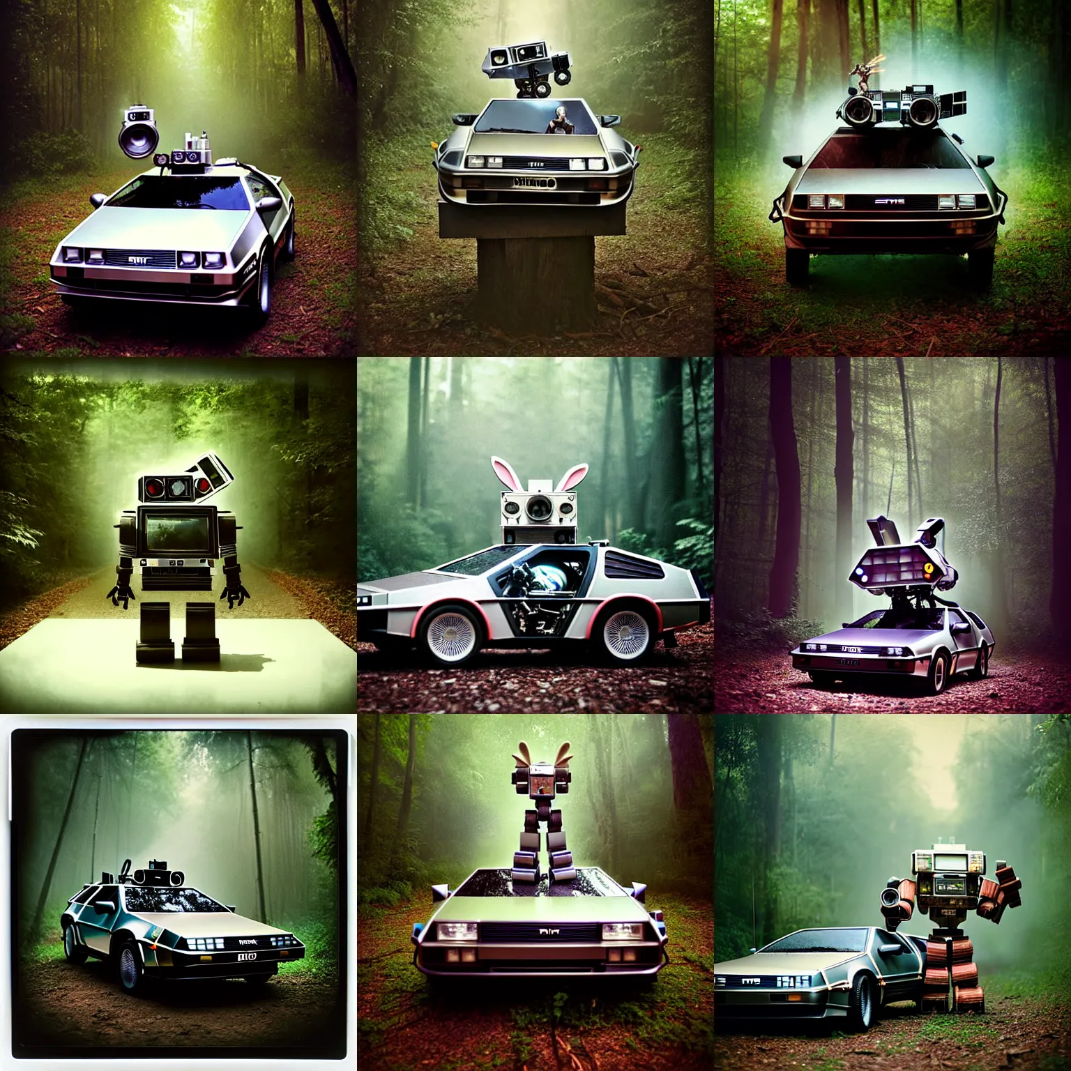 Prompt: photograph!! giant oversized battle rabbit robot delorean fusion chubby mech transformers retro boombox delorean mixed with mecha robot, in forest jungle, cinematic focus, polaroid photo, vintage, neutral dull colors, soft lights, foggy, by oleg oprisco, by thomas peschak, by discovery channel, by victor enrich, by gregory crewdson