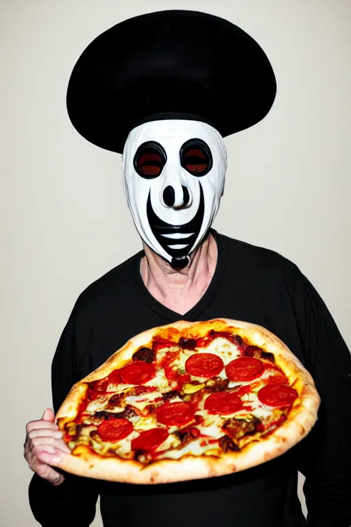 Image similar to portrait photo of an old wrinkled man, skinny face, bony face, long crooked nose, large gaping mouth, black pulcinella mask, masquerade mask, pointy conical hat, white wrinkled shirt, holding up a pizza, presenting a large pizza, close - up, skin blemishes, menacing, intimidating, masterpiece by lisa kristine