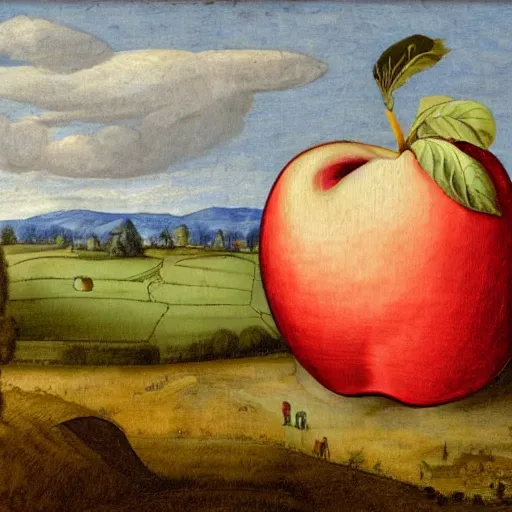 Image similar to house in a giant apple in the style of Arent Arentsz (1585–1631), Dutch landscape painter