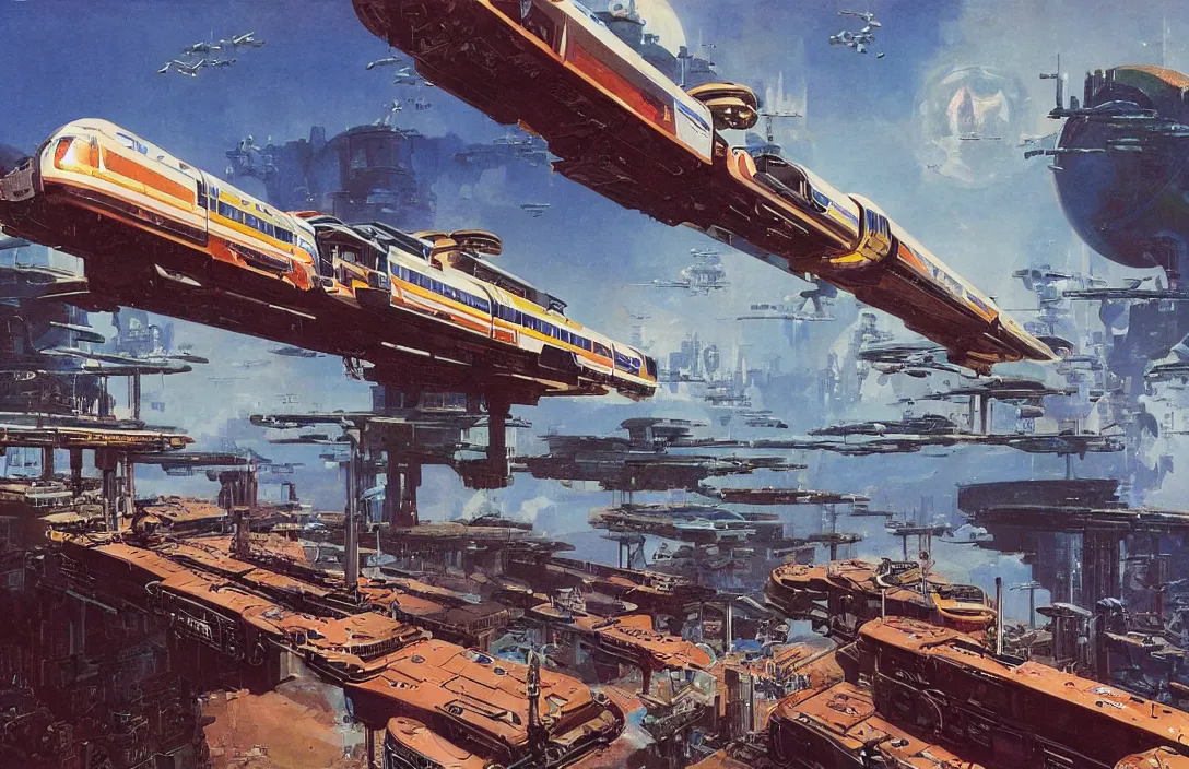 Image similar to a retro futurism elevated railway on colonized planet by robert mccall and john berkey | ralph mcquarrie :. 5