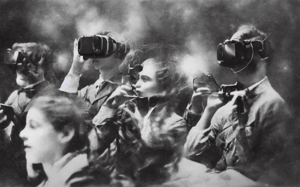 Image similar to 1 9 0 0 s photo of people using iphones ipods virtual reality headsets vr in a movie theater double exposure masterpiece