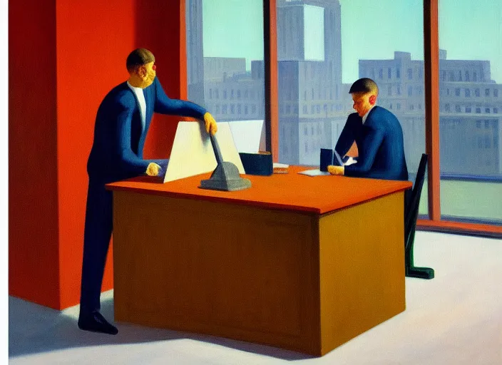 Prompt: painting of a lonely man sitting at his desk in an empty, huge office, in the style of edward hopper, very detailed face