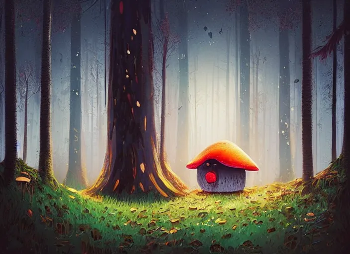 Prompt: Kanye West standing behind the window of his little mushroom house, magical forest, Alena Aenami