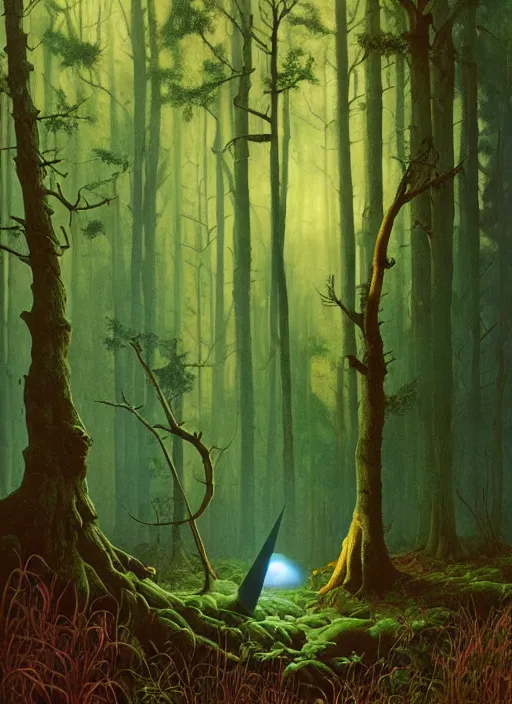 Image similar to hyper realistic witch modem with mood lighting and tech in the woods gorgeous lighting, blue sky, highly detailed, lush forest foliage painting by zdzisław beksinski and norman rockwell and greg rutkowskiweta studio, and lucasfilm