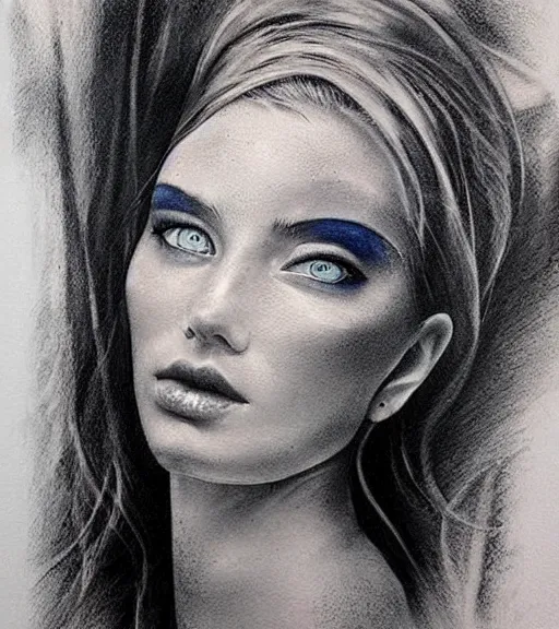 Image similar to tattoo design sketch of a beautiful blue - eyed woman face with a faded background of beautiful mountains and nature on her side, hyper - realistic, in the style of den yakovlev, amazing detail, black and white