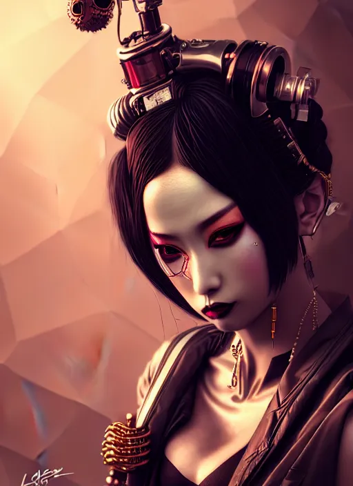 Image similar to soft lustrous ebony geisha seductive raver gutter punk steampunk cyborg, yakuza, golden ratio, details, scifi, fantasy, cyberpunk city, intricate, decadent, highly detailed, octane render, digital painting, artstation, concept art, sharp focus, illustration, art by artgerm, loish, wlop