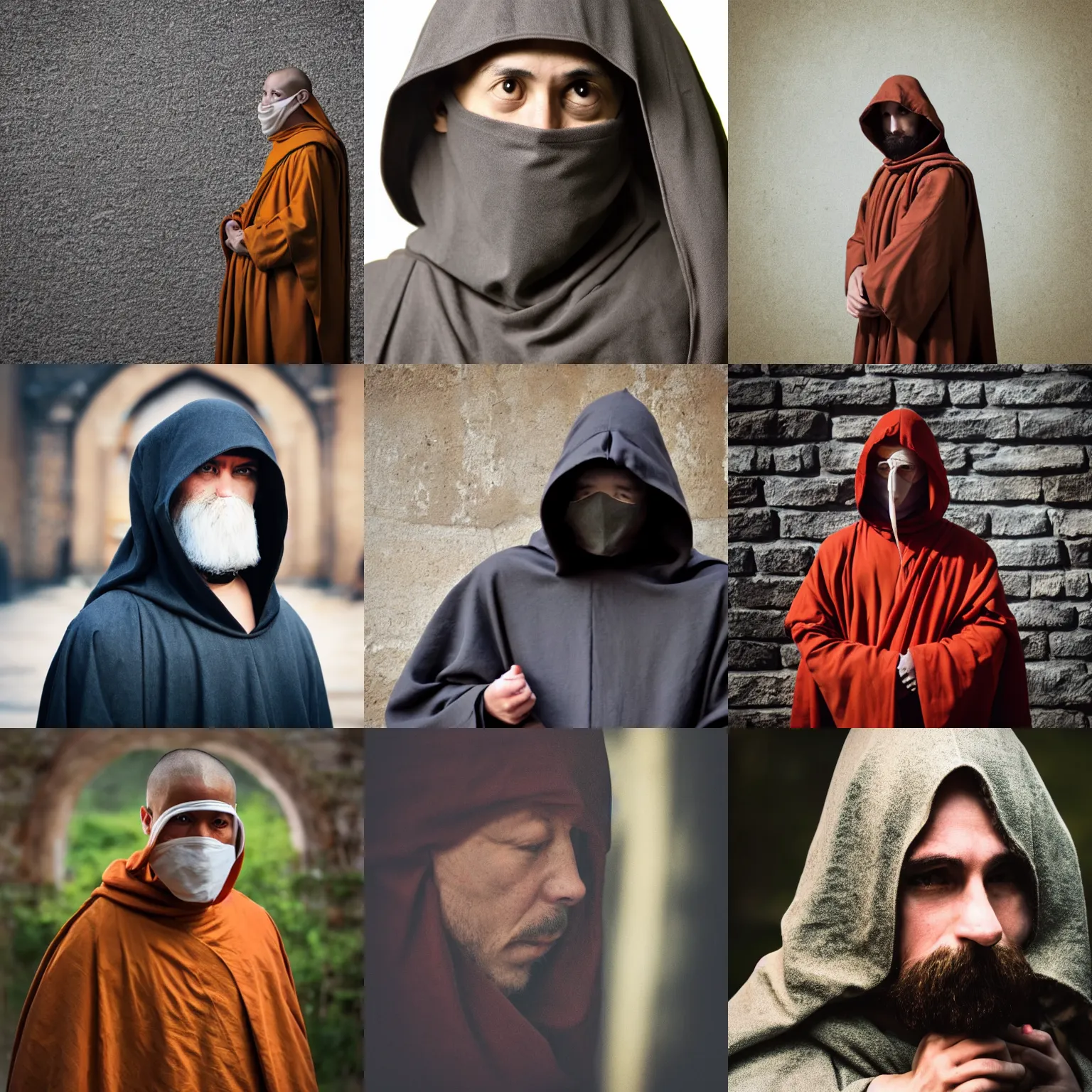 Prompt: monk dressed in medieval clothing, face obscured by hood, medium shot angle