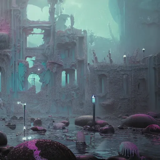 Image similar to soft painting curiosities fare tentacles world synthwave ruins, accurate features, focus, very intricate ultrafine details, black white purple, dense fog, award winning masterpiece, octane render 8 k hd, fantasy