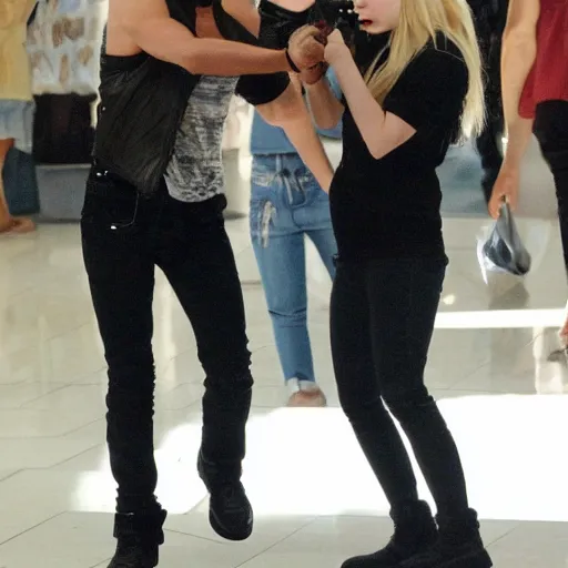 Prompt: Terminator punching Elle Fanning in a mall