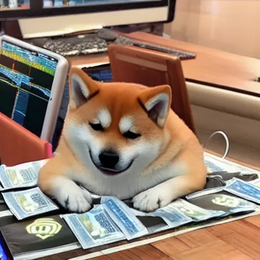 Prompt: photo of A shiba inu dog being a pro crypto trader