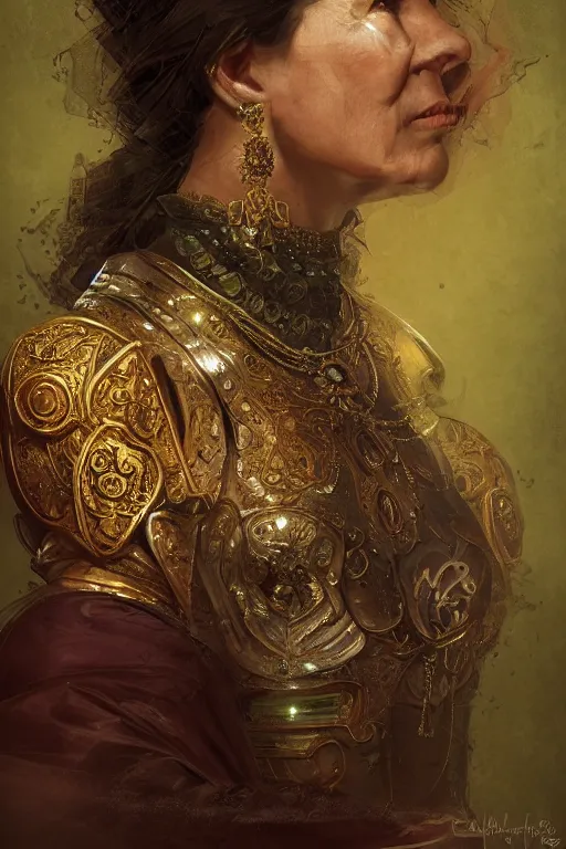 Image similar to portrait, headshot, digital painting, of a 17th century, beautiful, middle aged, middle eastern, wrinkles, decadent, cyborg noble woman, dark hair, amber jewels, baroque, ornate dark green opulent clothing, scifi, futuristic, realistic, hyperdetailed, concept art, chiaroscuro, side lighting, art by waterhouse