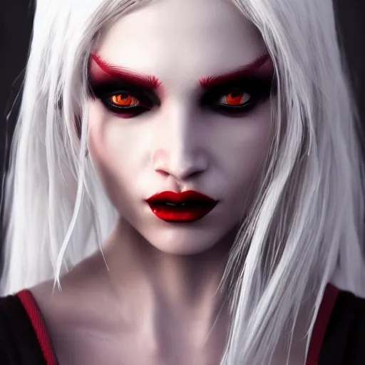 Image similar to a highly detailed portrait of a humanoid demon girl with white hair, red horns, in white clothes, artstation, deviantart, professional, unreal engine 5, photorealistic