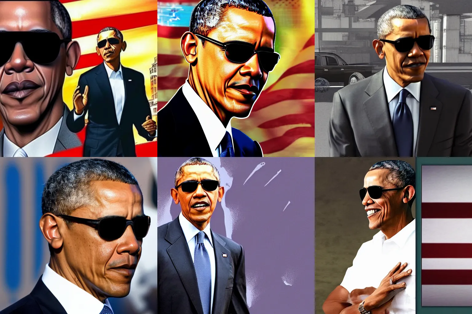 Prompt: Barack Obama wearing Sunglasses, no text, explosion in the Backround, gta cover art