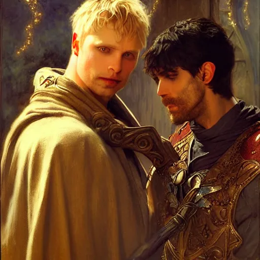 Image similar to stunning arthur pendragon in love with stunning male merlin the mage. they are close to each other. highly detailed painting by gaston bussiere, craig mullins, j. c. leyendecker