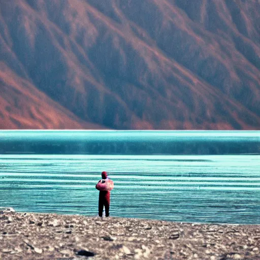 Image similar to an astronaut standing in the water of Lake Baikal and looking at the mountains