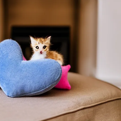 Image similar to A cute little kitten sits on the top of a plush heart-shaped pillow near fireplace, Canon EOS R3, f/1.4, ISO 200, 1/160s, 8K, RAW, unedited, symmetrical balance, in-frame