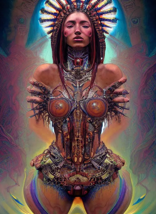 Image similar to masterpiece portrait of an beautiful aztec girl with biomechanical modifications surrounded by chromatic ink pour and flowing liquid complex sacred geometry, powerful, cinematic, dramatic lighting, by elden ring, h. r. giger, beksinski, alphonse mucha, artgerm, donato giancola, tom bagshaw, trending on cgsociety, octane render, 8 k